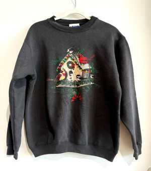 Vtg Endless Designs Christmas Birdhouse Black Crewneck Sweatshirt Made in USA-M